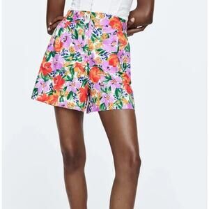 Zara Linen Blend High Waisted Floral Shorts Multicolor Size Medium